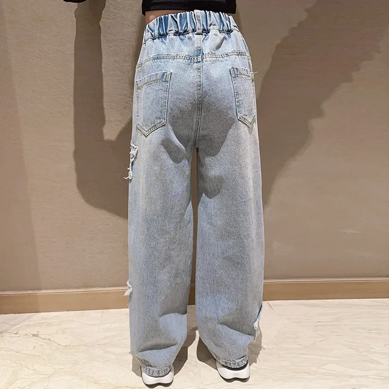 Girls Jeans 2026 Spring New Paste Cloth Five-pointed Star Wide Leg Pants Kids Trendy Teenage Children's Trousers 8 10 12 Years