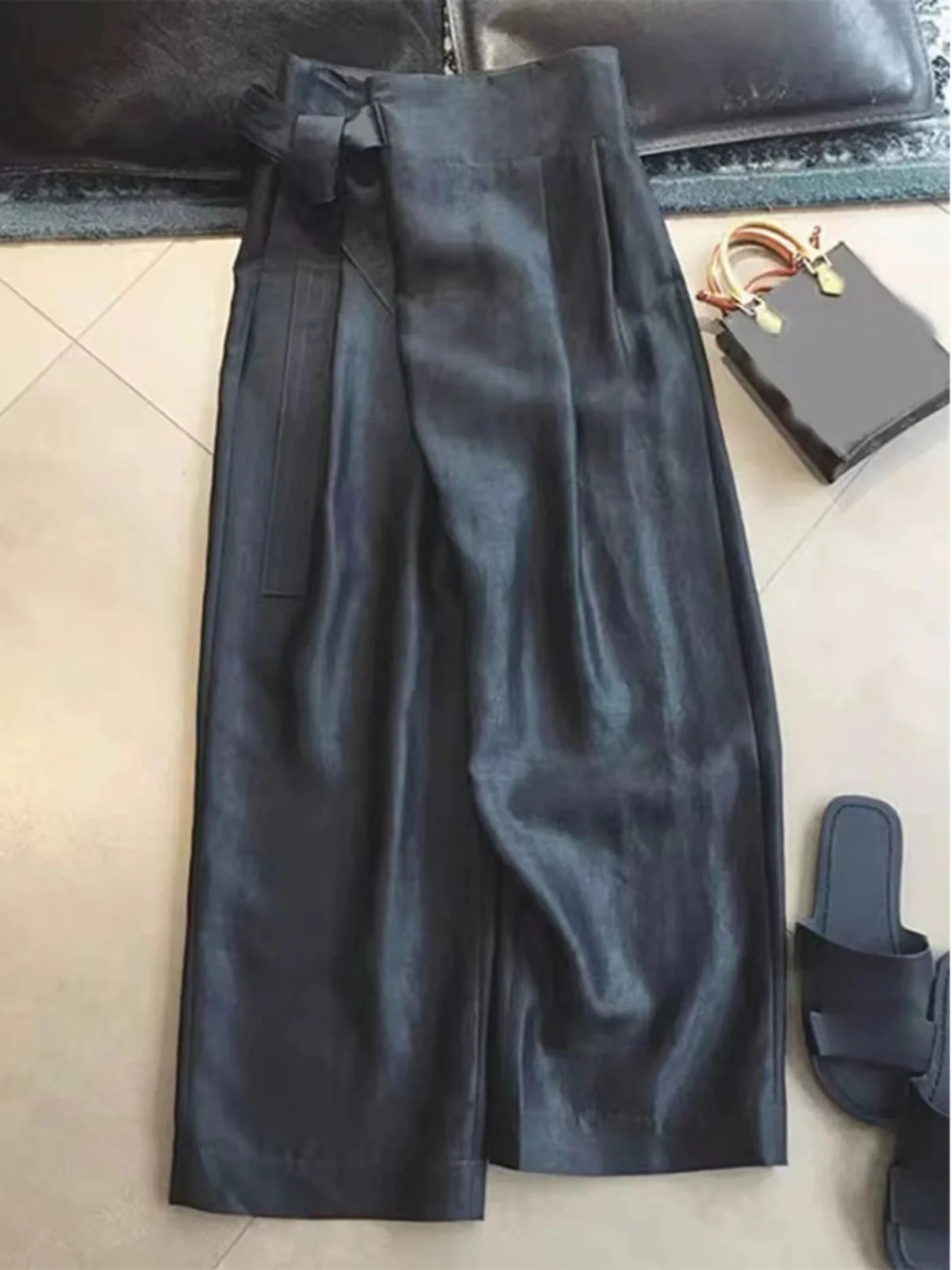 Pantaloni a gamba larga Ele Bla Pantaloni lunghi a vita alta con pieghe laterali dal design cinese vintage casual da donna