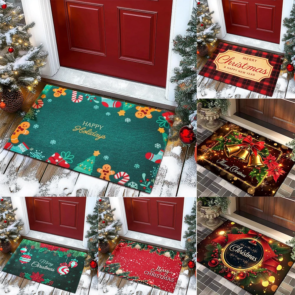 Fußmatte mit weihnachtlichem Motiv und festlichen Mustern wie Bonbons, Weihnachtsbäume, Bälle, Glocken, rutschfester Willkommens-Eingangsteppich