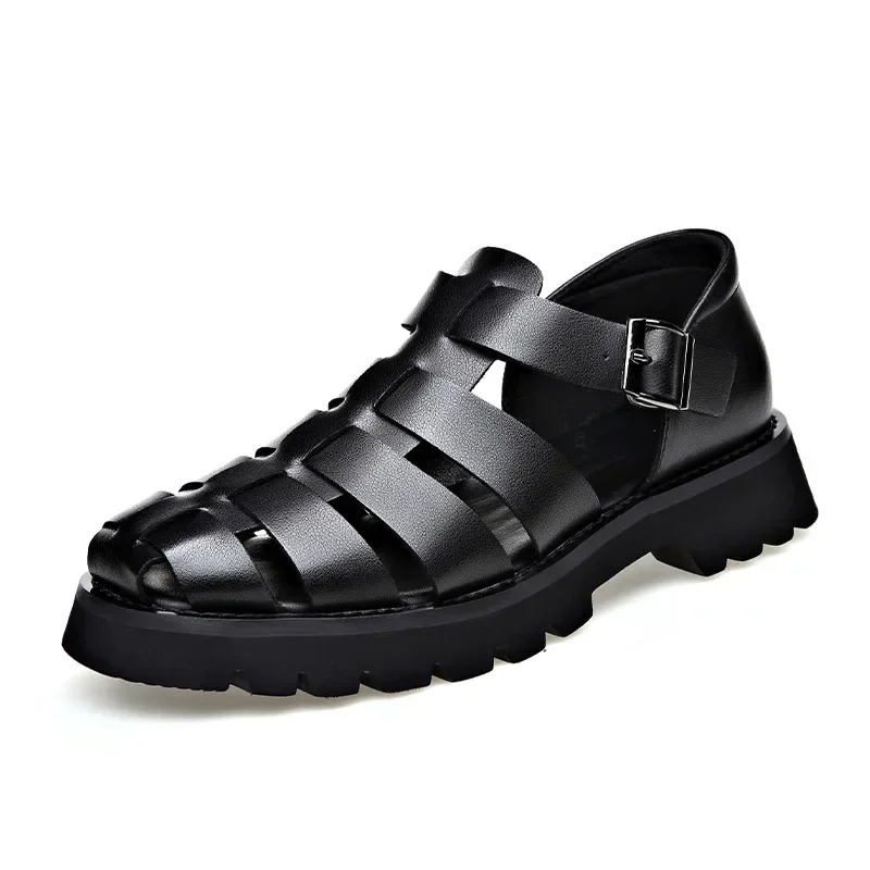 Cow Leather Men\'s Sandals Big Size Fashion Casual New Designer Increase Hallow Out Roman Shoes Male Black Platform Sandals Man