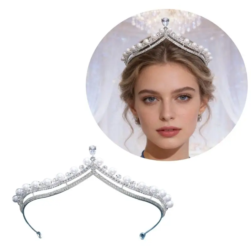 

P9FE Decorative Wedding Crowned Hairband Decorate With Rhinestones And Elegant Pearls