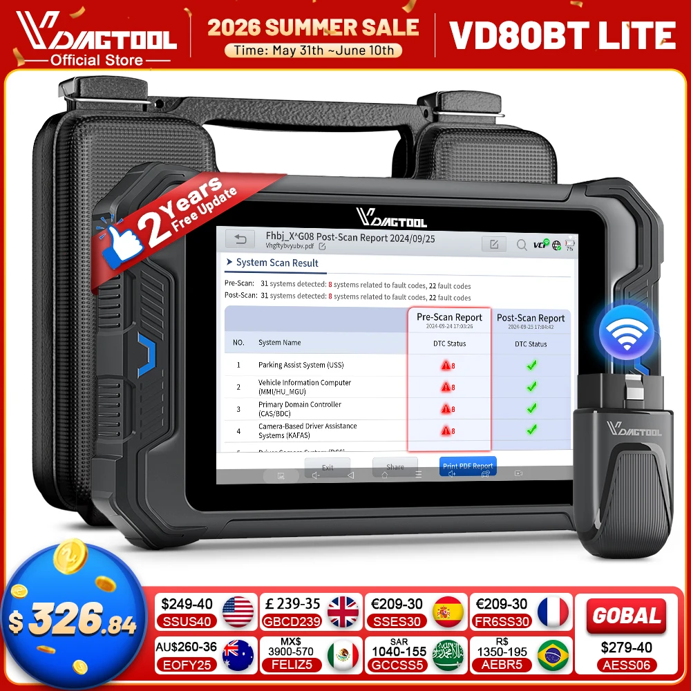 VDIAGTOOL VD80BT LITE Bidirectional Scan Tool 2026 8" Automotive Diagnostic 28+ Resets ECU Coding FCA/CAN FD/DoIP OBD2 Scanner