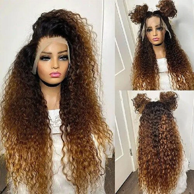 

Glueless Long 180Density Soft 26Inch Ombre Brown Kinky Curly Lace Front Wig For Women With Baby Hair Synthetic Preplucked Daily