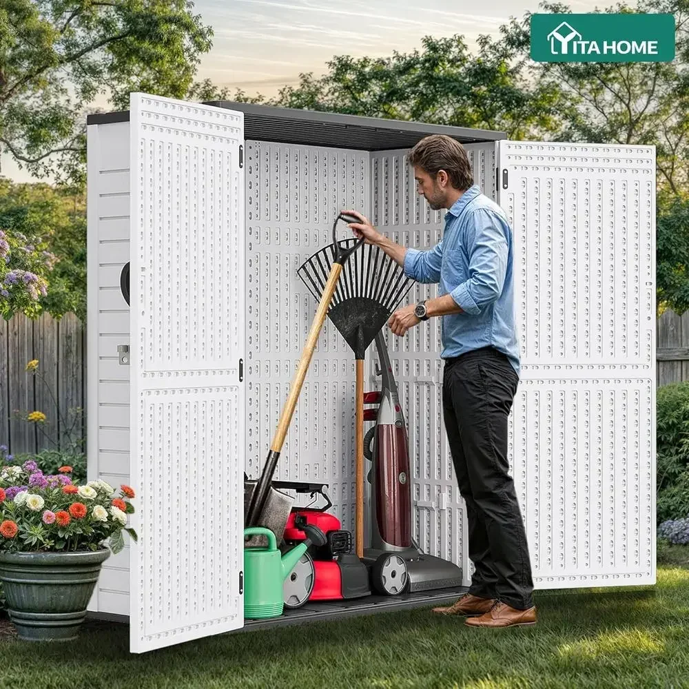 Outdoor Tall Storage Shed, Waterproof Resin, Ideal for Garden, Garage, Patio, Lockable, No Shelves, Light Gray