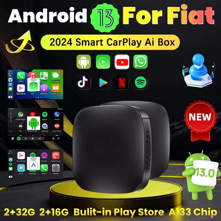 Android 13 Smart TV Car AI Box Wireless Carplay Adapter Android Auto For Netflix Youtube For Fiat 500 New500 500X Argo Panda