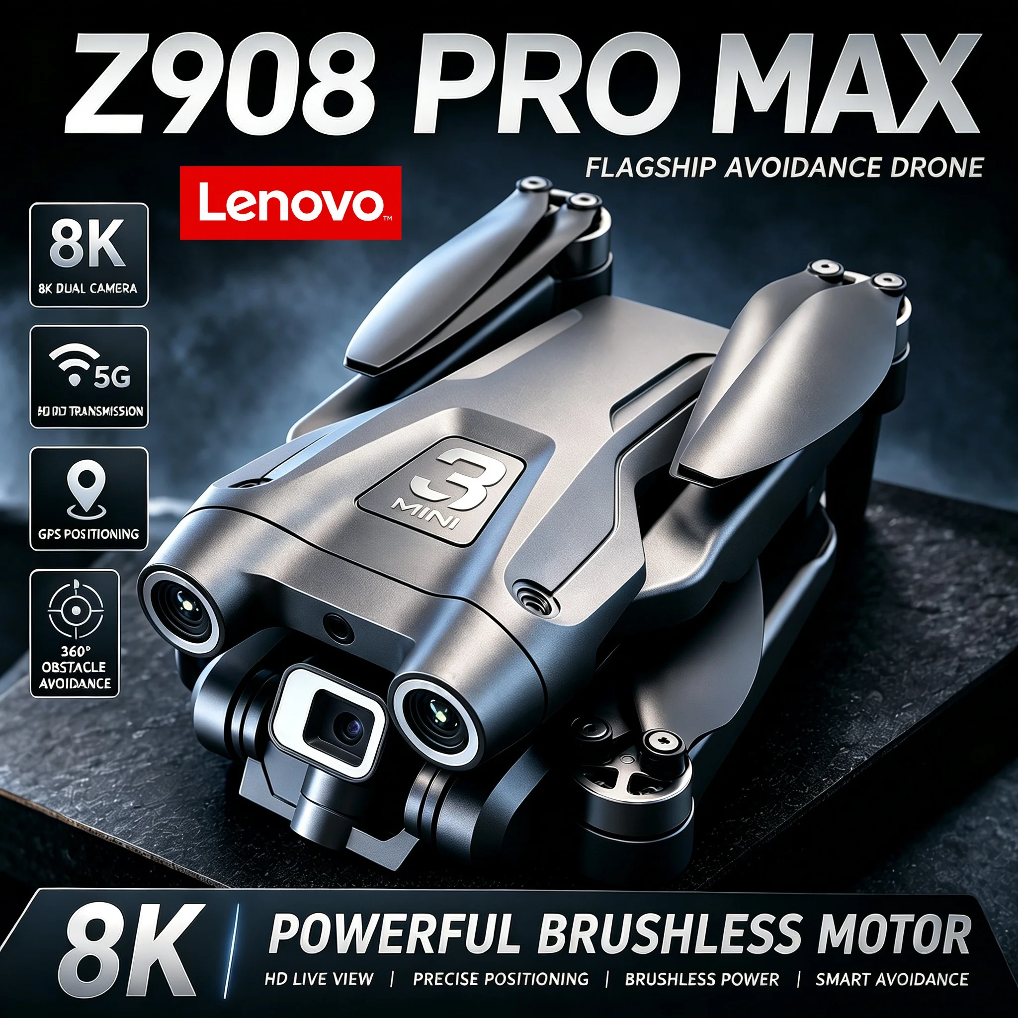Drone professionnel Lenovo Z908 Pro MAX 8K avec caméra 4K, positionnement par flux optique et évitement d'obstacles sur 3 côtés