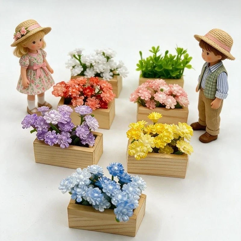 Mini Flower Wooden Box Flower Pot Model Multicolor Plant Miniature Outdoor Scene Deoration DIY Desktop Ornament Home Decor