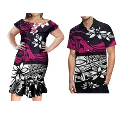 New Couple Suit Women's Line Neck Ruffled Fishtail Skirt And Men's Casual Suit Shirt Polynesian National Style Print Custom
