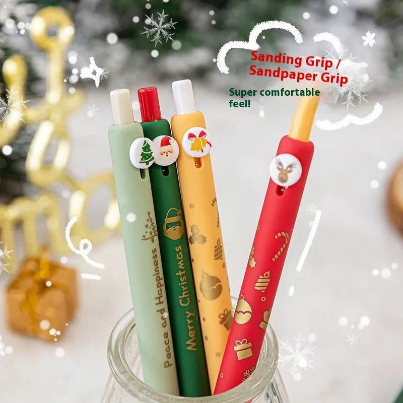Zennyth 4PCS/Set Christmas Limited Edition Gel Pen Kawaii Press Button Pen 0.5mm Black Ballpoint Pens Student Stationery Gift