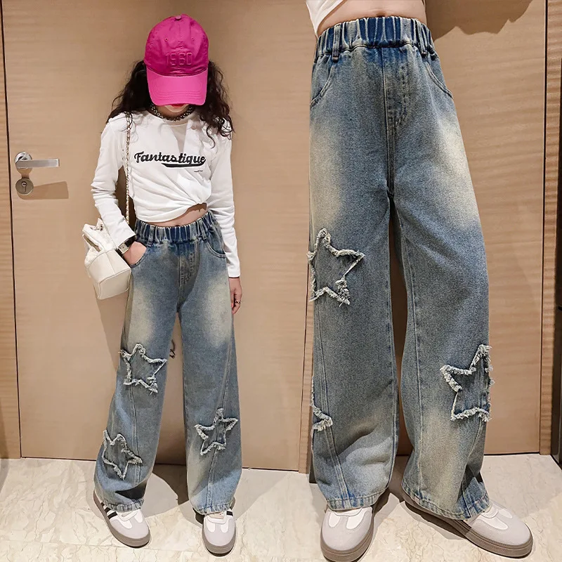 Girls\' Jeans 2024 Spring New Kids Fashion Retro five-pointed Star Denim Wide-leg Pants Teenage Children Trousers 10 12 14 Years