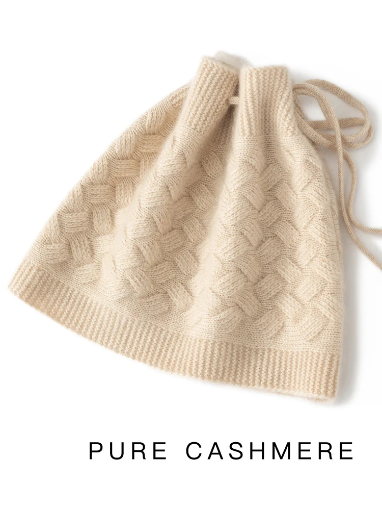 

2025 New Chic Women 100% Cashmere Cable Knit Drawstring Hats Scarf Bibs Autumn Winter Warm Pullover Cap Casual Cashmere Hat Tops