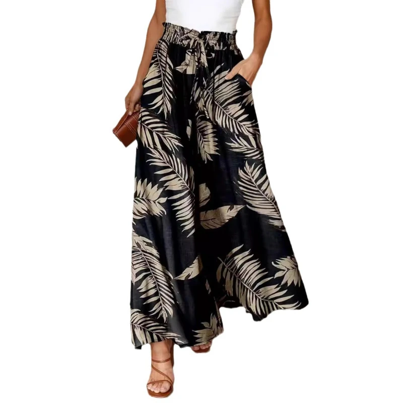 Spodnie damskie z szerokimi nogawkami, długie spodnie z nadrukiem kwiatowym, w pasie, proste spodnie Y2k Streetwear, eleganckie, luźne, letnie spodnie Maxi Capris