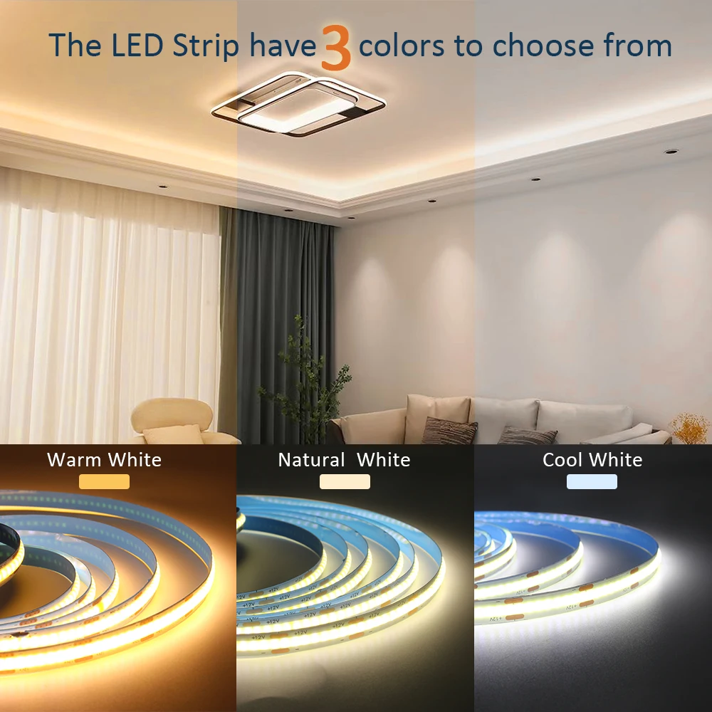 Dimmable LED Strip Lights para decoração do quarto, fita de barra, fita, linear, flexível, COB, FCOB, DC 12V, 24V, 320 diodos, 5m, 10m