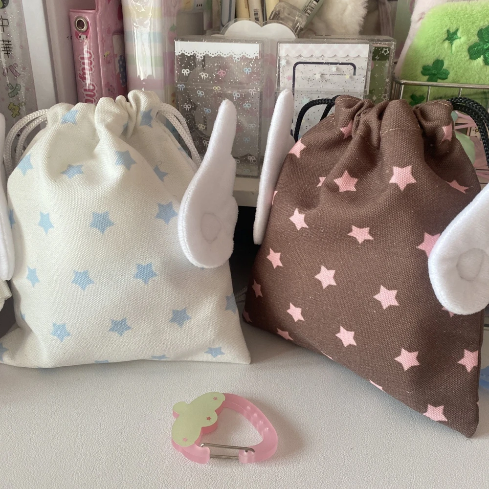 Y2K Canvas Angel Wings Stars Makeup Bag Portable Beam Drawstring Bag Strawberry Musical Notes Dustproof Storage Bag Makeup Pouch