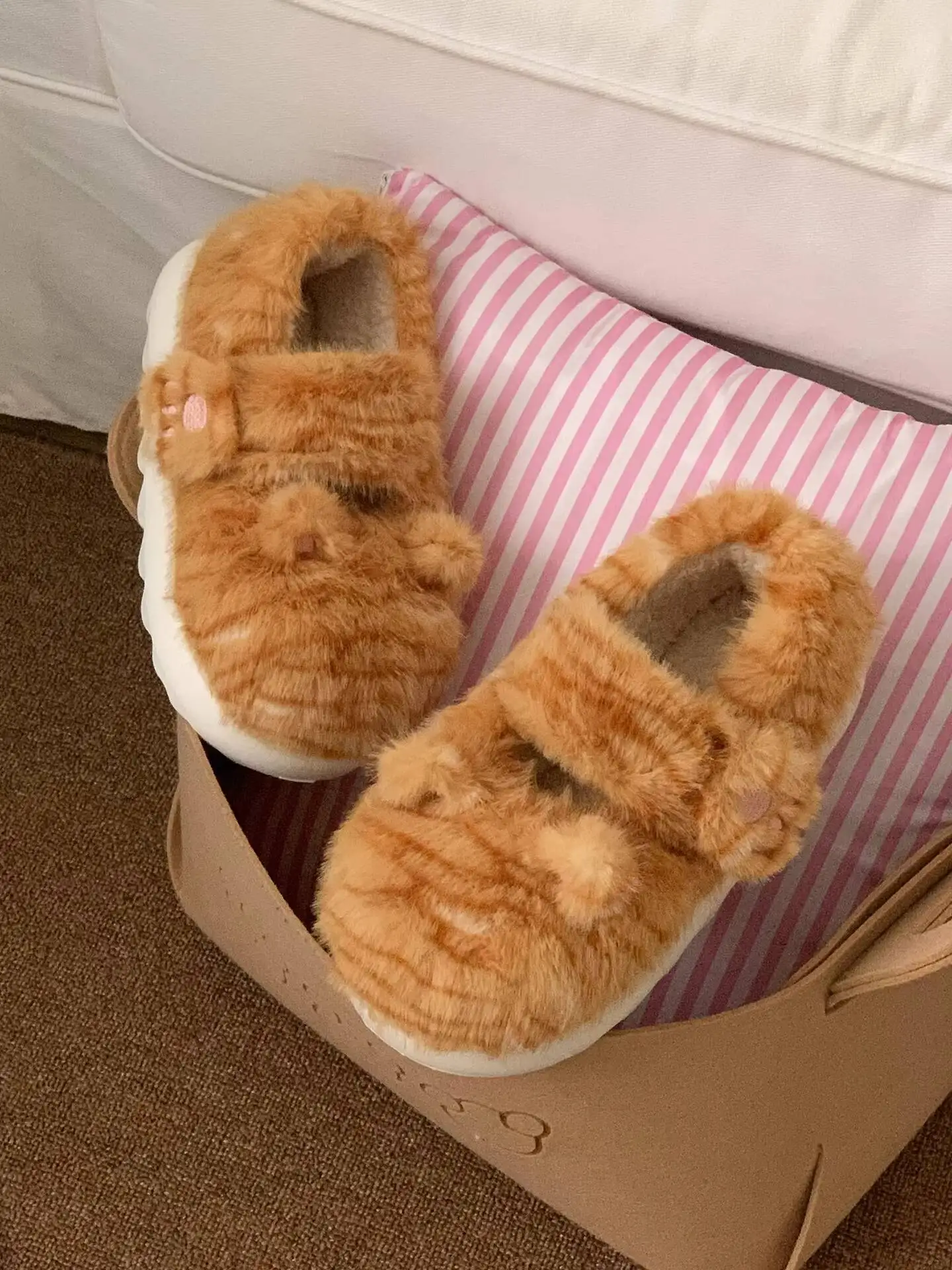 Women's Plush Home Slippers Winter Outdoor Furry Shoes Cute Orange Thick Sole Bean Shoes With Cat Ears Cotton Slippers