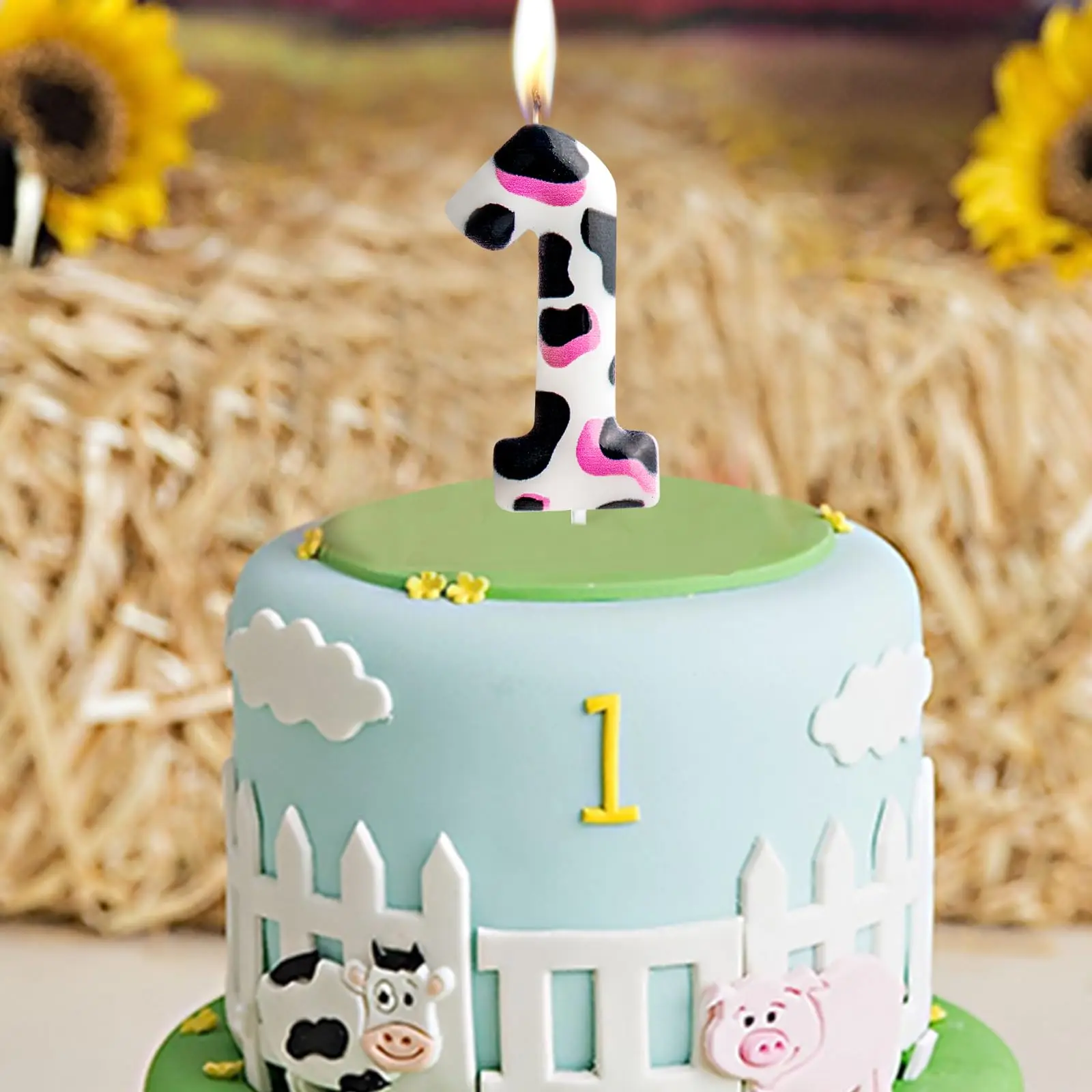 1-3nd Birthday Candle Cow  Decoration Birthday Party Supplies  birthday Pink White Cow Themed Cake  for Kids Boy Girl Party
