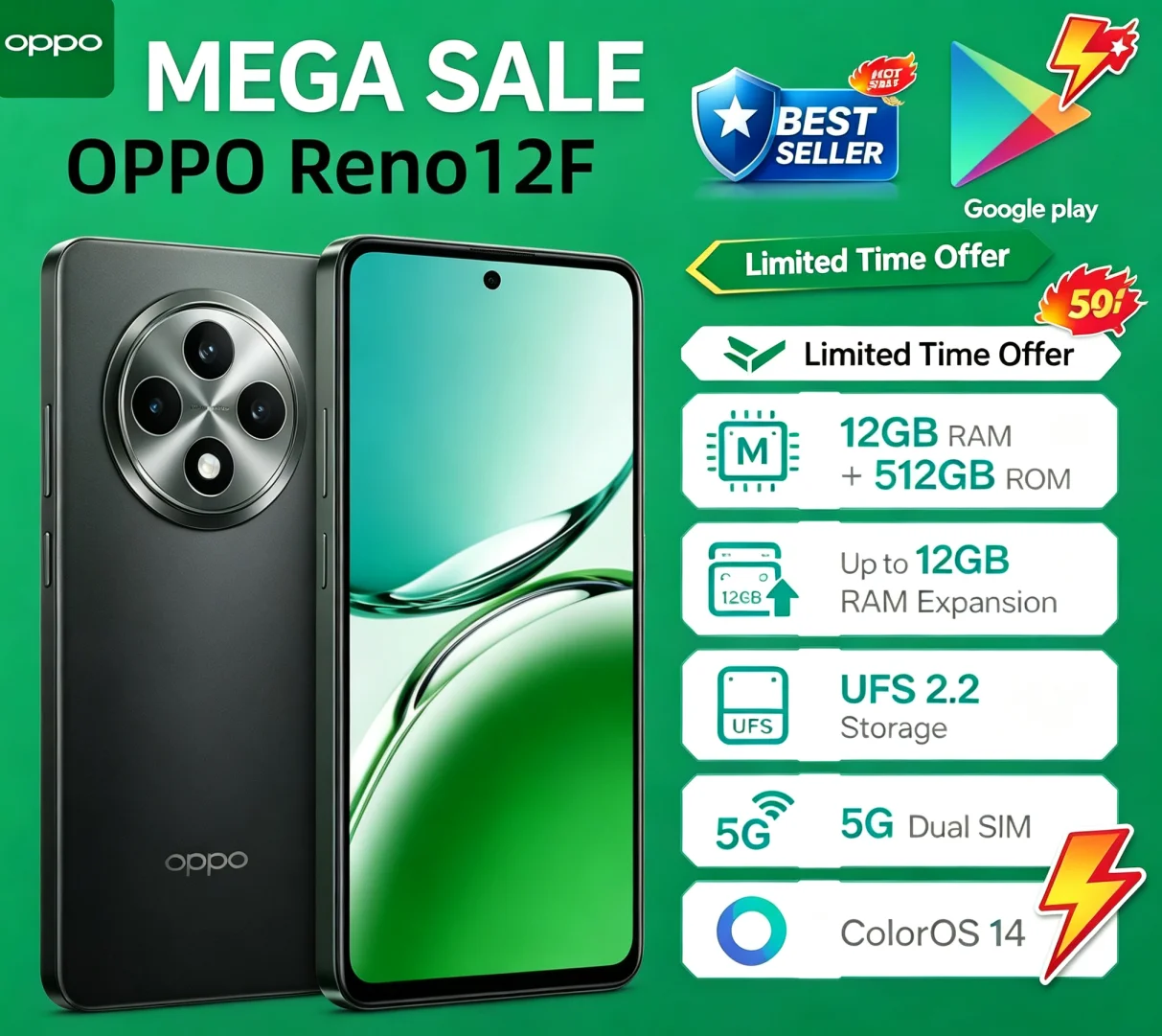 Best Seller 2026 OPPO Reno12F Global Version Unlocked Smartphone 12GB RAM 512GB Huge Storage Premium Memory Smooth Multitasking