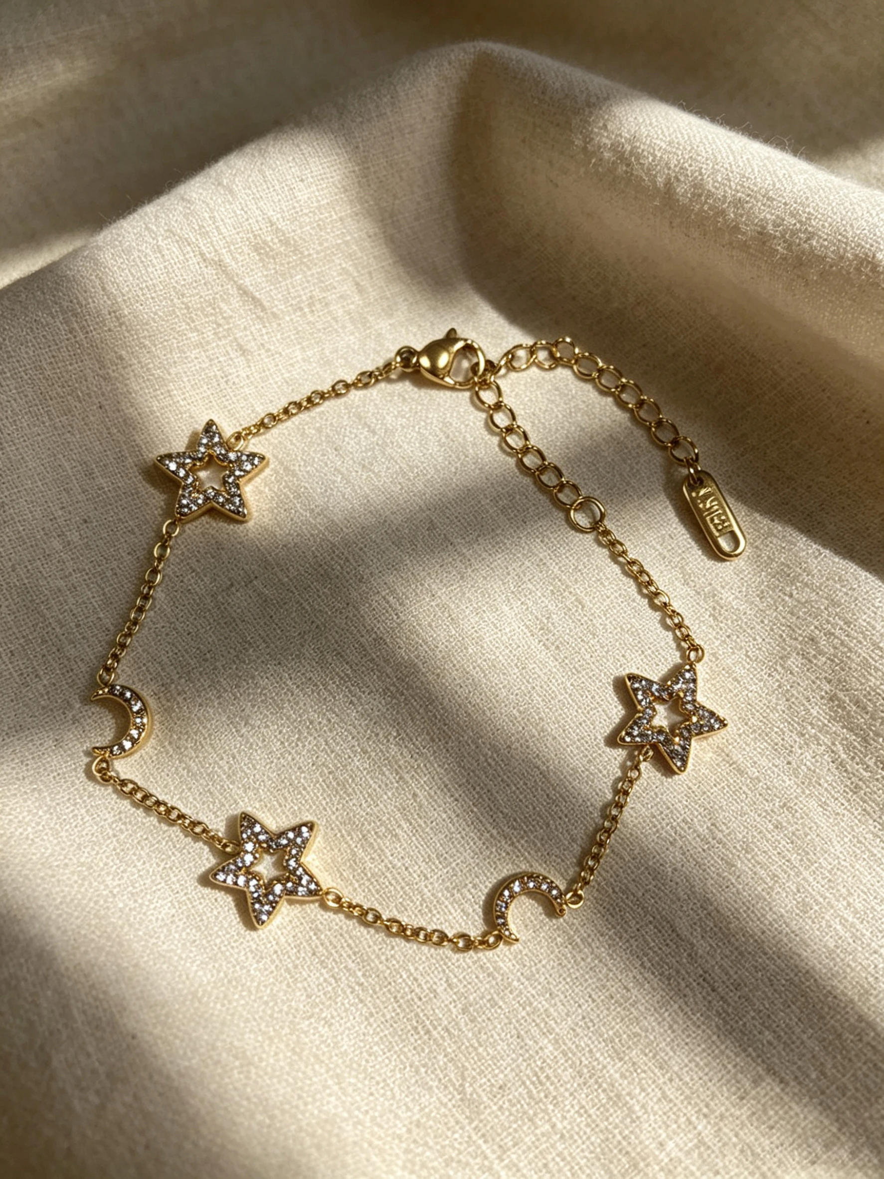 

1pc Gold Tone Moon & Star CZ Station Bracelet, Clear Cubic Zirconia Celestial Charms, Adjustable Extender Stainless Steel Jewelr