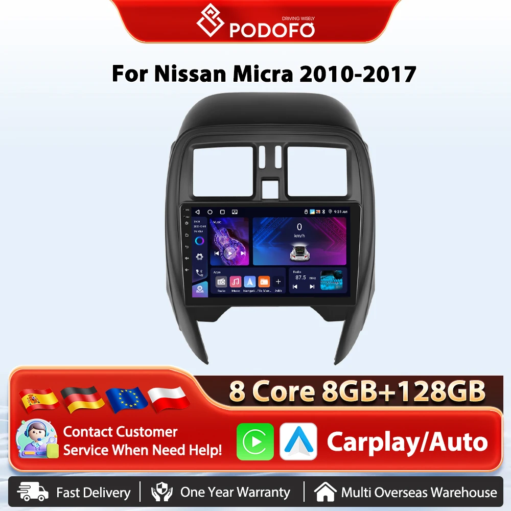 Podofo Android Auto Drahtlose Carplay Auto Radio Für NISSAN Micra K13 März 2013-2017 GPS Navigation 4G WIFI auto Multimedia Player