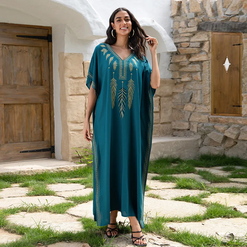 Stylish Blue Embroidered Beach Cover-up Loose Sun Protection Bikini Cover-up Swimsuit Beach Dress Beachwear