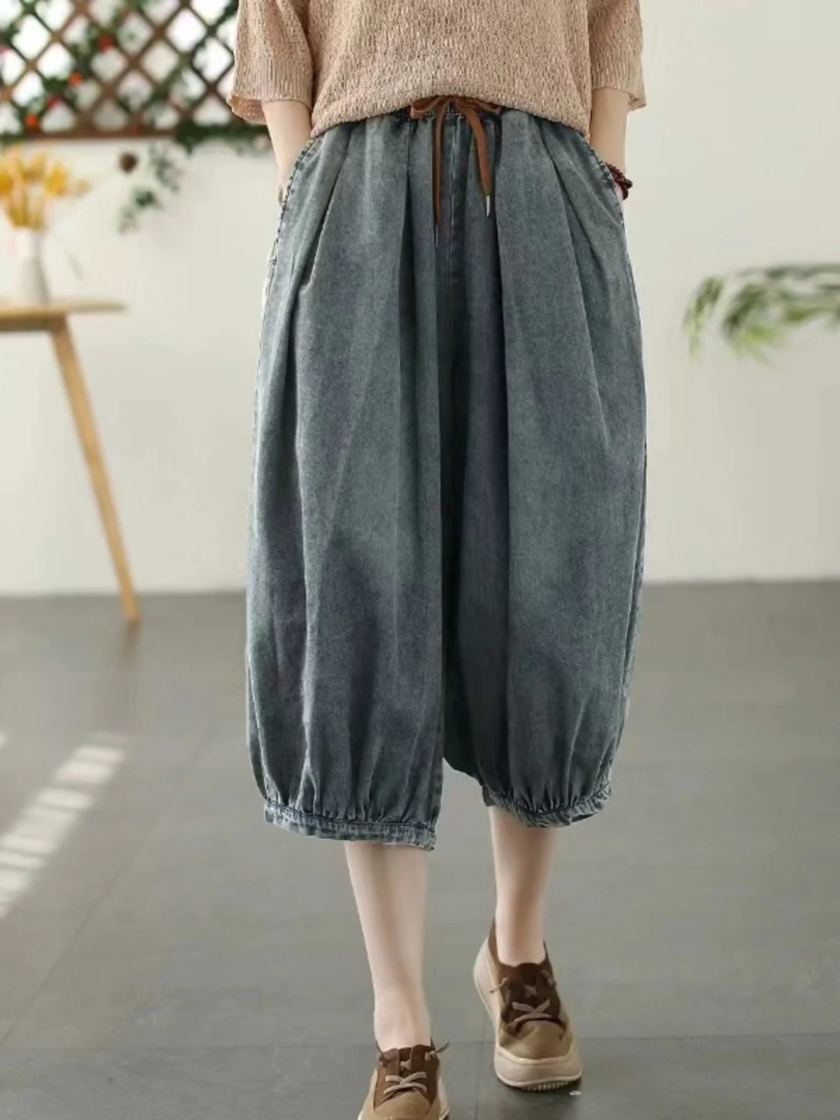 Retro spodnie jeansowe z pełnej bawełny, ultra miękkie, damskie, letnie, plus size, wyszczuplające spodnie typu latarnia, luźne, uniwersalne spodnie o długości siedmiu stopni.