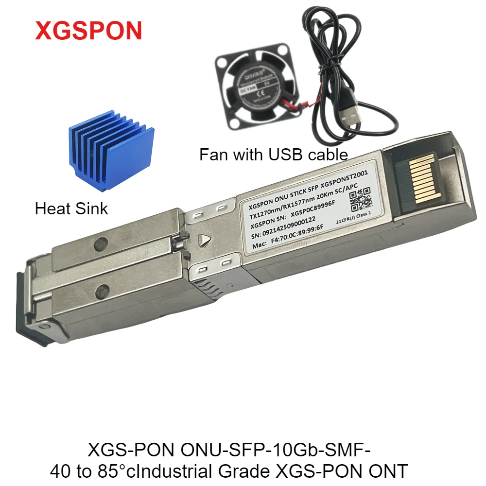 XGSPON ONU Stick SFP+ with Fan, Pre-install 8311 fimrware support IP SN MAC managerment, 10Gb/s SC/APC 1270/1577nm SMF SFP ONT