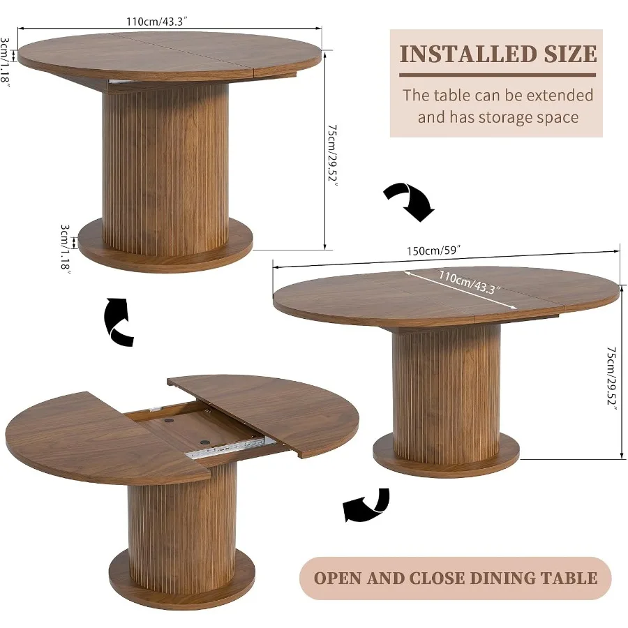 43.3 inch 59 inch Adjustable Size Round Dining Table for 4 6, Unique Design Modern Farmhouse Kitchen Table, Circle Dining Table