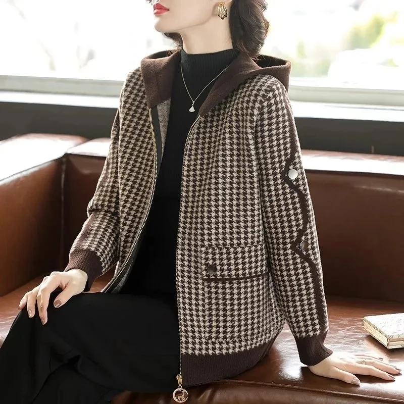 Veste d'hiver en fourrure de vison pour femme, manteau à grille mille oiseaux, réduction de l'âge, tenue vertébrale, cardigan pour femme, mode pour femme, 2024