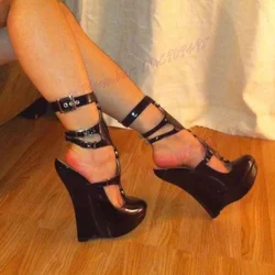 Black Wedges Heels Strappy Decor Pumps Round Toe Shoes for Women Cut Heels Designer Punk Style Shoes 2024 Zapatos Para Mujere