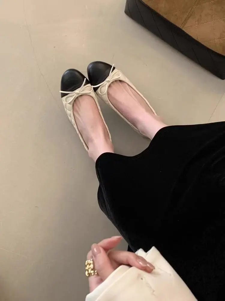 Zweifarbige Damen-Loafer mit Schleife und flachem Absatz, zum Hineinschlüpfen, runde Zehenpartie, bequeme Vintage-Schuhe für Büro, Alltag, Party – Detail 11