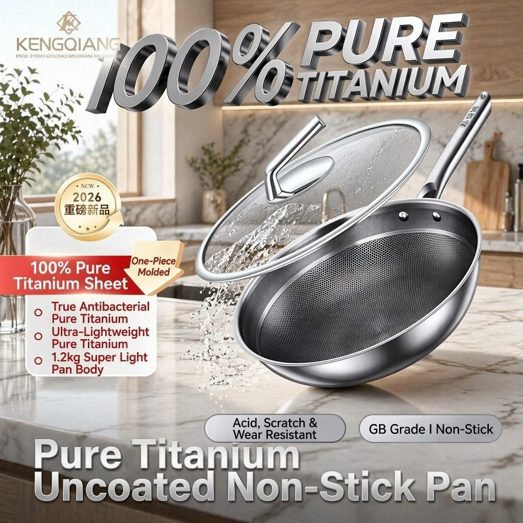 Wholesale Pure Titanium Honeycomb Wok Pan Hybrid Non-Stick Triply Glass Lid 32cm for Restaurant Hotel