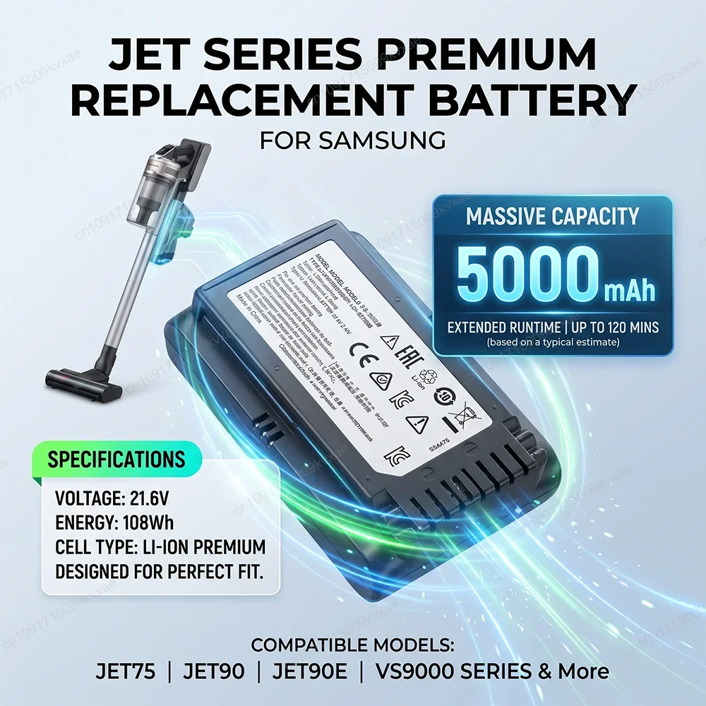 5000mAh 21.9V Lithium Replacement Battery for Samsung Jet 90+ 75 Rocket Lightweight Cordless Vacuum Power Cell Accessories