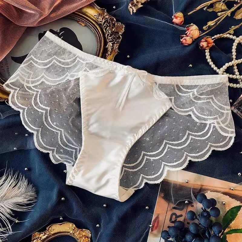 Celana dalam wanita, pakaian dalam wanita Satin renda tembus pandang ultra tipis jala katun selangkangan pinggang rendah Lingerie Prancis