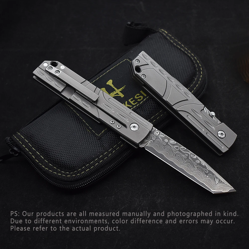 Damascus Steel Titanium Alloy Handle Folding Knives Outdoor Hunting Durable Hunting Knife Self Defense Top Quality Sharp EDC