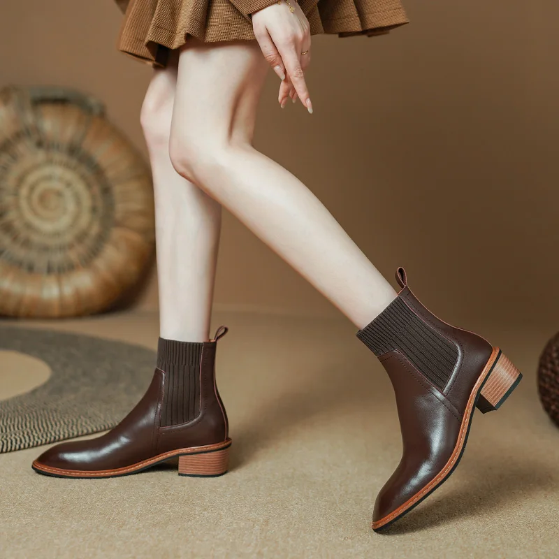 2024 Winter/Autumn Women Boots Ankle Boots Genuine Leather Shoes for Women Chelsea Short Boots Chunky Heel Ladies Women Shoes