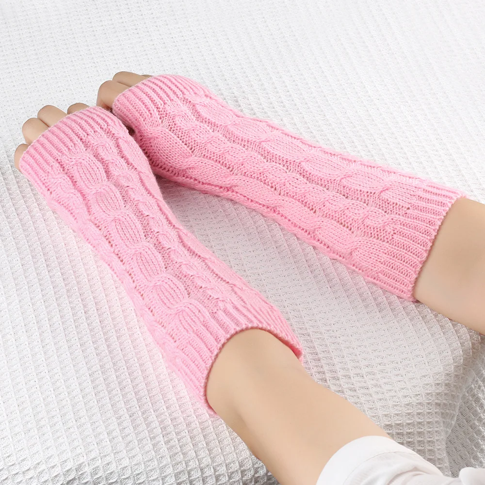 Winter Warm Twist Knitted Arm Sleeve For Women Solid Color Long Fingerless Glove Elastic Arm Cover Punk Elbow Half Finger Mitten