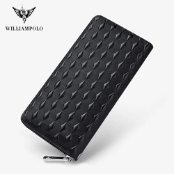 WILLIAMPOLO Genuine Leather Men's Wallet Clutch Bag Card Holder Long Wallets Double Zipper Large Capacity Vintage Male Purses