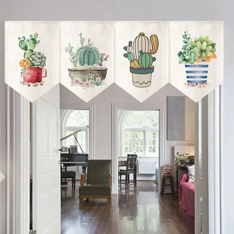 VIKAMA Watercolor Cactus Succulent Triangle Curtain Potted Plant Print Fabric Pennant Valance for Kitchen Window Home Decor