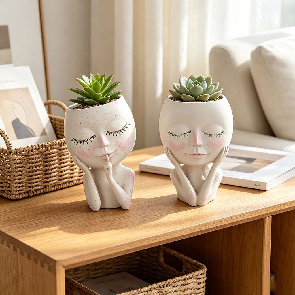 Female Face Planter Resin Flower Pot Cute Girl Sculpture Succulent Pot Modern Nordic Home Decor Desktop Garden Decoration Gift