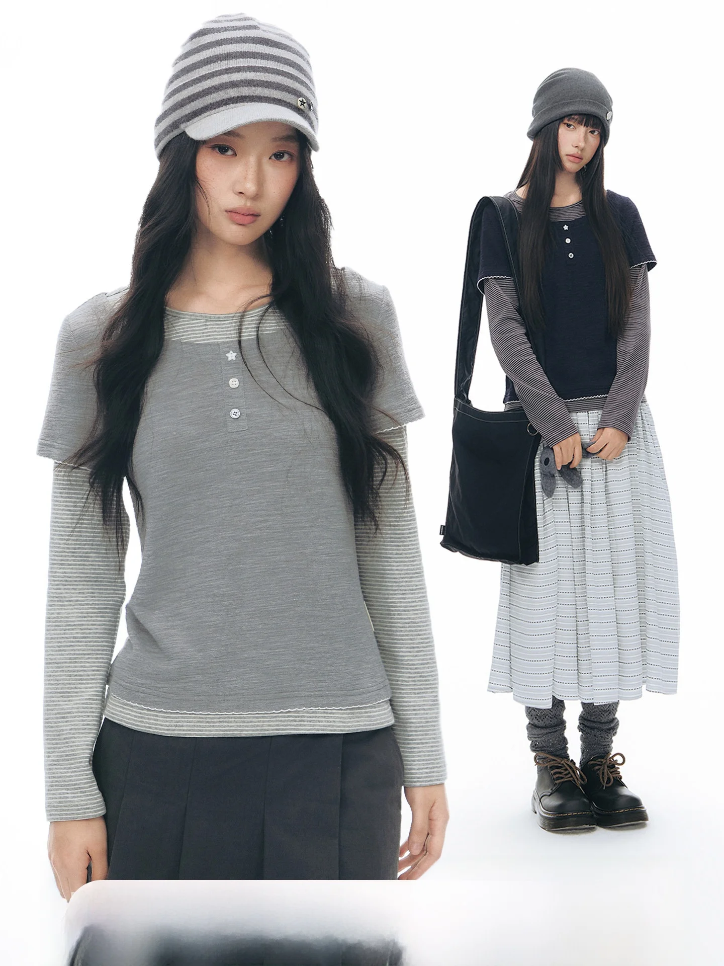 

NAPSNAPS Original Henry Collar Long Sleeve T-Shirt Women's Spring New round Neck Color Block Knitted Top Casual Style Loose Fit