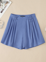 ZANZEA 2025 Summer Women Shorts Fashion High Waist Denim Blue Pleated Wide-Leg Short Trousers Casual Solid Color Streetwear