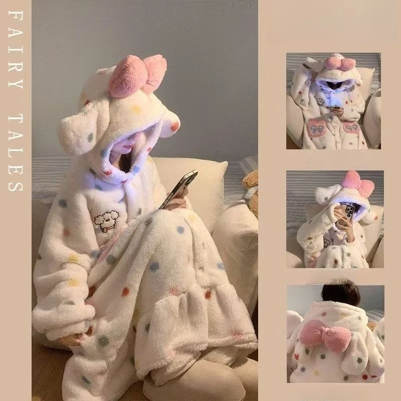 Polka Dot Coral Fleece Bathrobe Pajamas Women's Winter Long Nightgown Cute Hooded Loungewear
