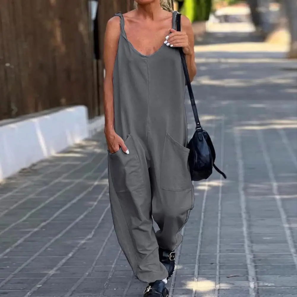 Women Summer Jumpsuit Loose Wide Leg Solid Color V Neck Low-cut Daily Wear Pockets Backless Plus Size Women Overall Lady Clothin