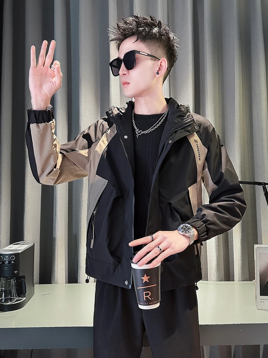 

Весенне-осенняя мужская облегающая толстовка с капюшоном Jaet Color Blo контрастная повседневная модная новинка 2025 года, полиэстер, ткань быка, ветрозащитная