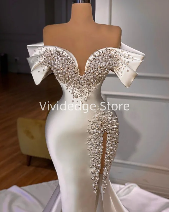 Vestidos de novia personalizados de sirena sexis con cuello en V sin tirantes para mujer vestidos de novia de perlas de lujo vestidos de novia de talla grande