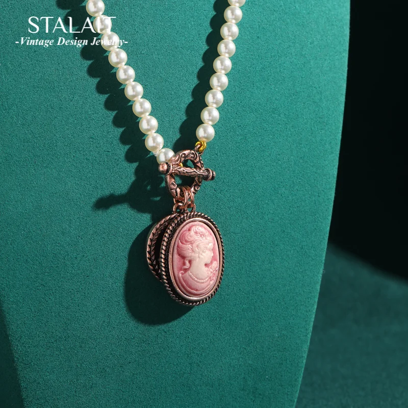 

Vintage 6mm Chain Pearl Necklace Freshwater Antique Rose Gold Color Pendant Pink Cameo Avatar Women Accessories Wedding Bridal