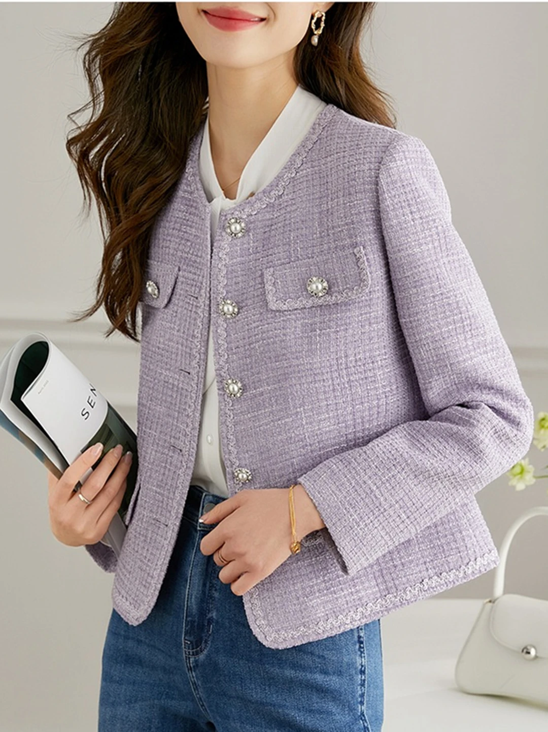 New Autumn Winter Women Single Breasted Slim Jacket Coat High Quality Elegant Lace Edge Lavender Purple Tweed Jacket