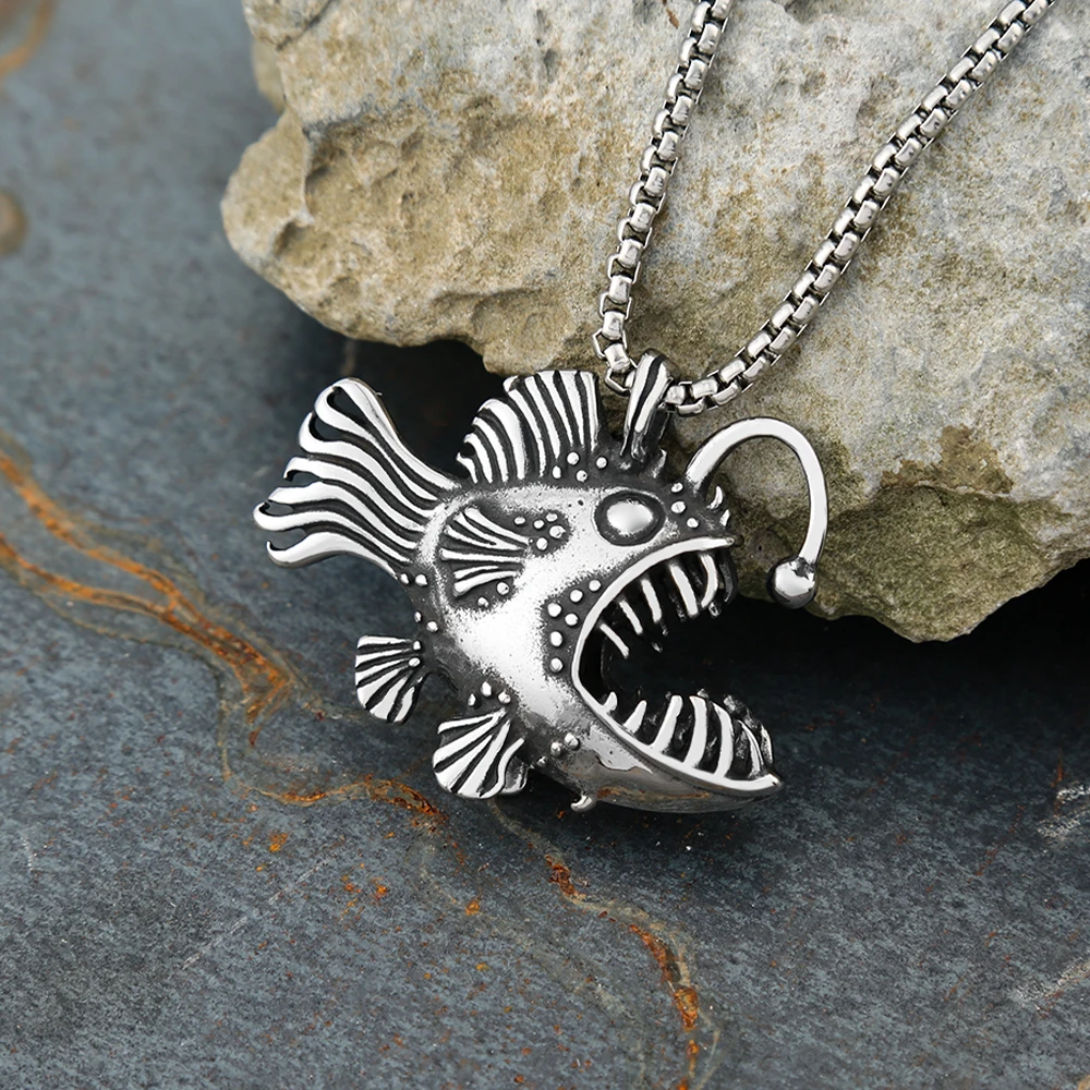 Gothic Vintage Stainless Steel Lantern Fish Pendant Necklaces For Men Punk Hip Hop Deep Sea Angler Necklace Biker Jewelry Gifts