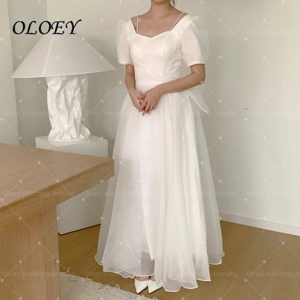 Elegant Square Neck Korea Garden Wedding Dresses Cap Sleeves Corset Back Customized Organza Bride Gowns Party Bride