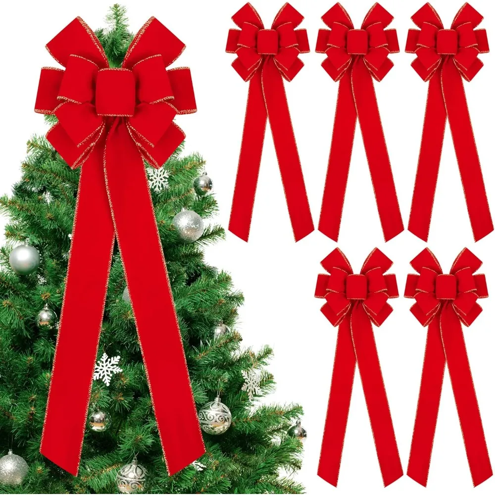 

6 Pieces Red Christmas Bows 30.7 x 10.6 Inches Large Velvet Christmas Wreath Bow with Glitter Gold Edge Christmas Tree Topper